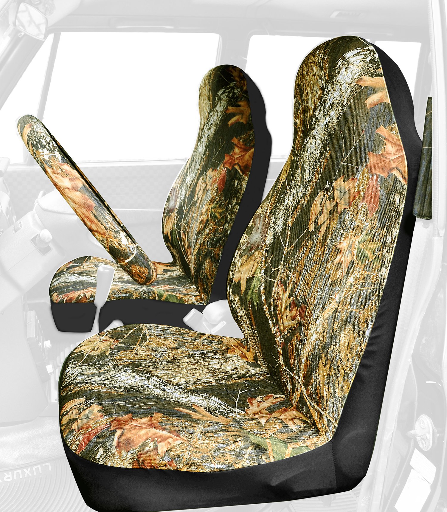 Bucket Seat Cover Car Front Seat Cover Universal Cloth Tree Camouflage Seat Belt Cover and Steering Wheel Cover Fit for Truck SUV Van Vehicles (yellow-1)