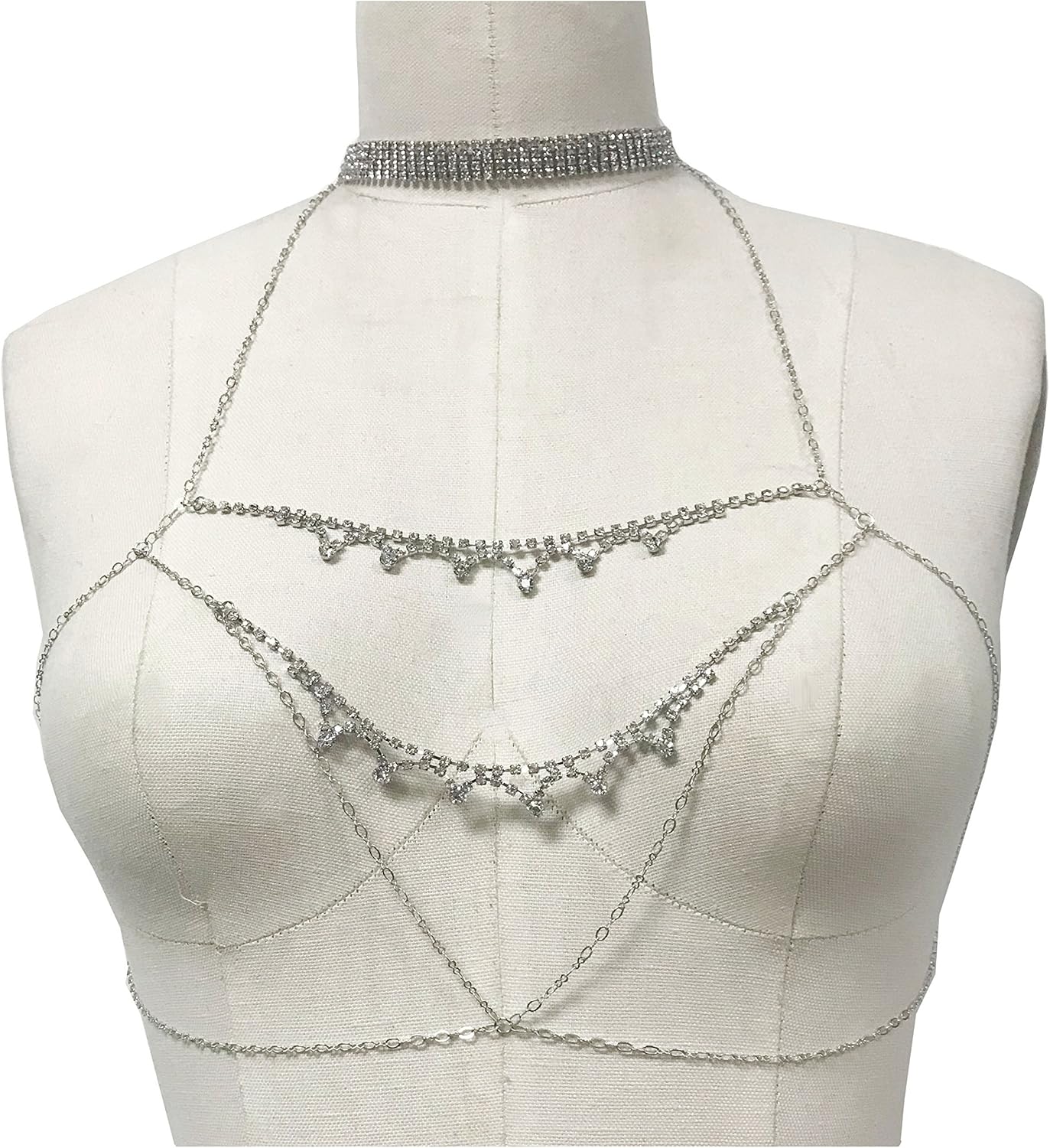 LUSCONE Rhinestone Dainty Choker Bralette Body Chain Bra