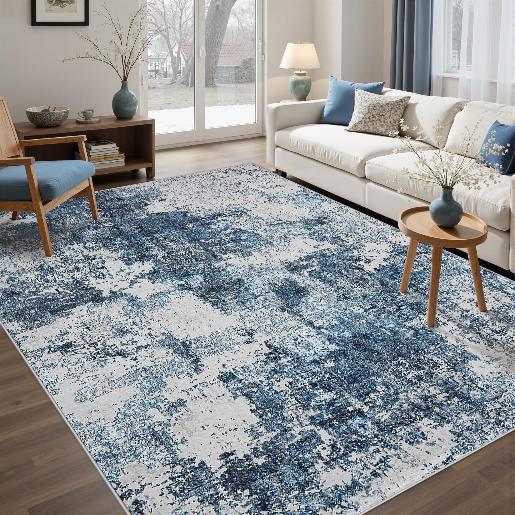 4x6 Rugs for Living Room Bedroom: Soft Washable Rug with Anti-Slip Backing Low Pile Non-Shedding Stain-Resistant Abstract Large Area Rug for Dining Room Nursery Entryway Home Office- Blue Image