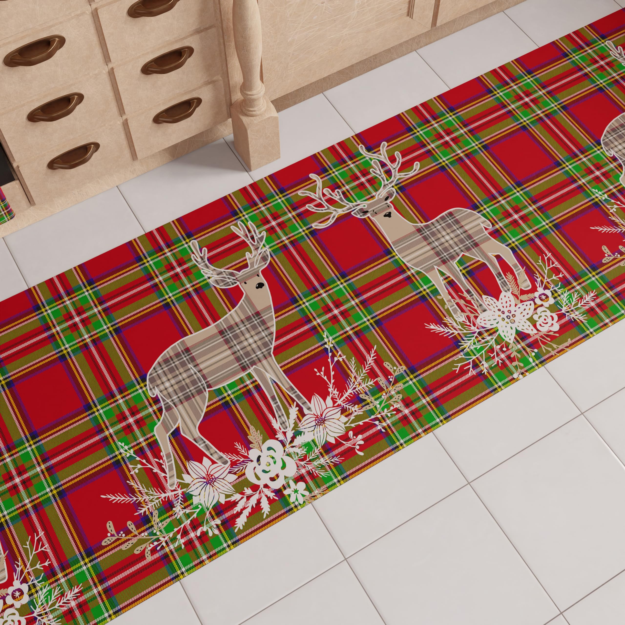 PETTI Artigiani Italiani - Christmas Kitchen Rug, Christmas Kitchen Runner, Non-Slip and Washable Christmas Kitchen Rug, 52x480 cm Beige Reindeer Christmas Rug, Made in Italy