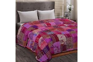 BOHO SANSKRITI Indian Silk Patchwork Kantha Quilts Queen Twin Size Patola Bedspread Throws Bedding Comforter Hand Quilted Blankets Premium Bohemian Bed Cover for Sale- Mix Pink Color Shades Patches