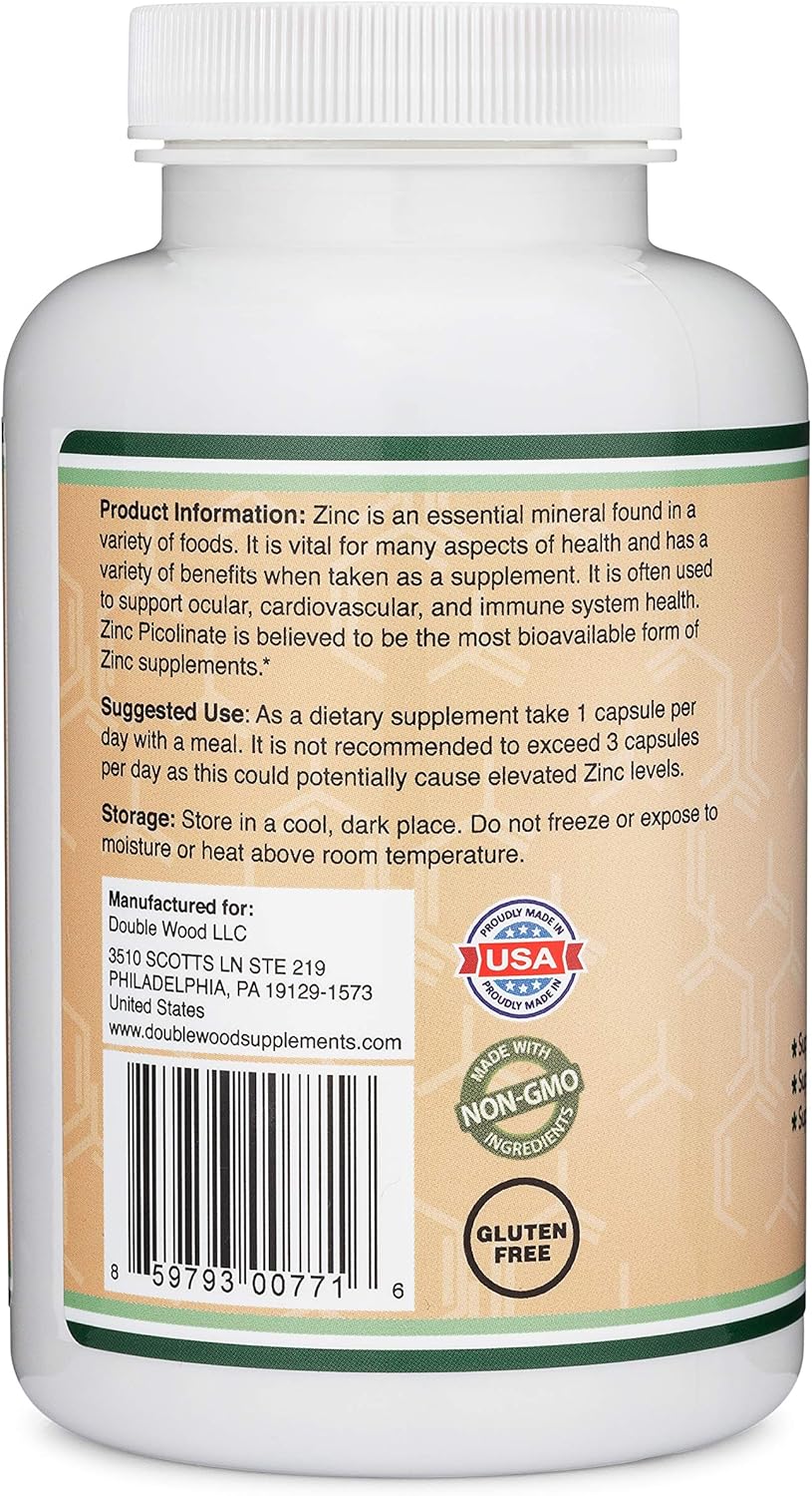 Zinc Picolinate 50mg, 300 Capsules (Immune Support for Kids and Adults) Non-GMO, Gluten Free, Made in The USA (300 Day Supply) by Double Wood Supplements: Health & Personal Care