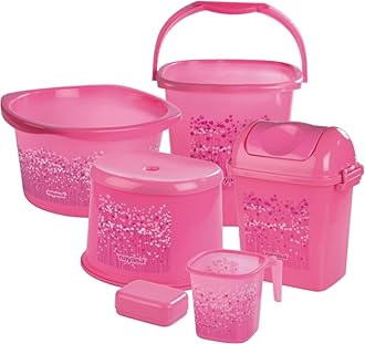 Nayasa Funk Bathroom DLX 6 Pcs | Bkt 25 L + Mug 1.5 L + Basin 20 L+ Dustbin 14 L + 509 Stool + Soap Case | Bathroom Accessory Set Plastic | Bathroom Set | Bath Set for Bathroom | Pink