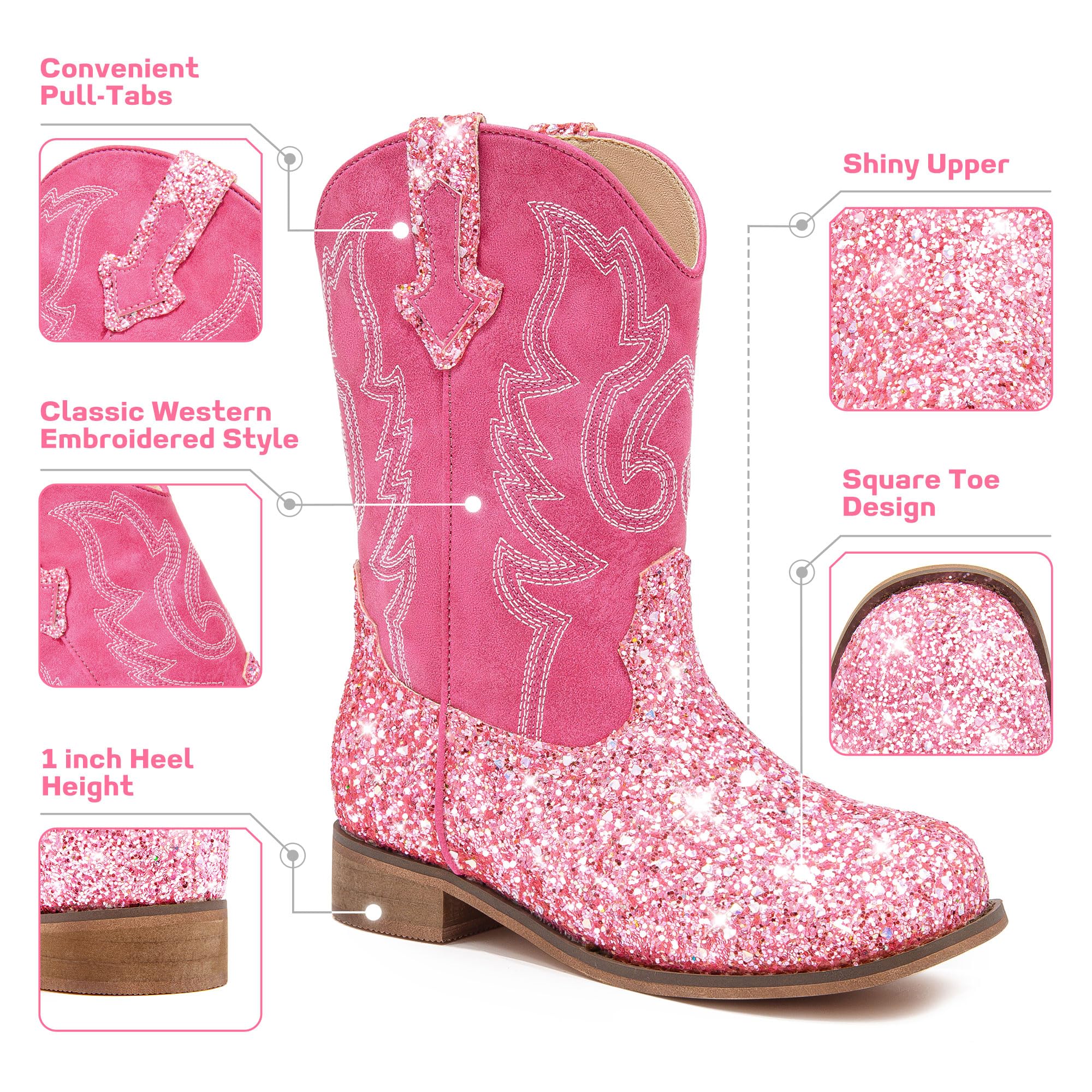 Girls Cowgirl Boots Unisex-Child Mid Calf Glitter Toddler Cowboy Boot Little Big Kids Western Riding Shoes