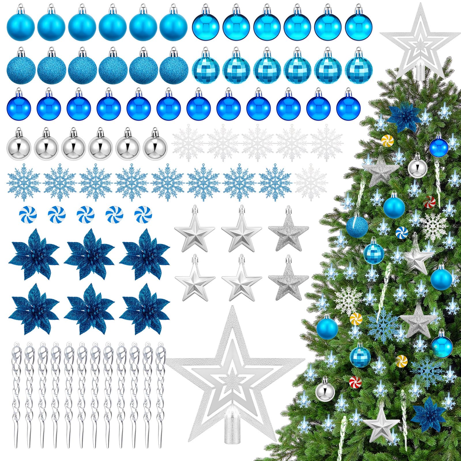 Blulu 103 Pcs Silver Blue Christmas Tree Ornaments Set with LED Decorative Light Christmas Tree Decoration Set Glitter Xmas Baubles Hanging Ornament Assortment for Xmas Holiday Party