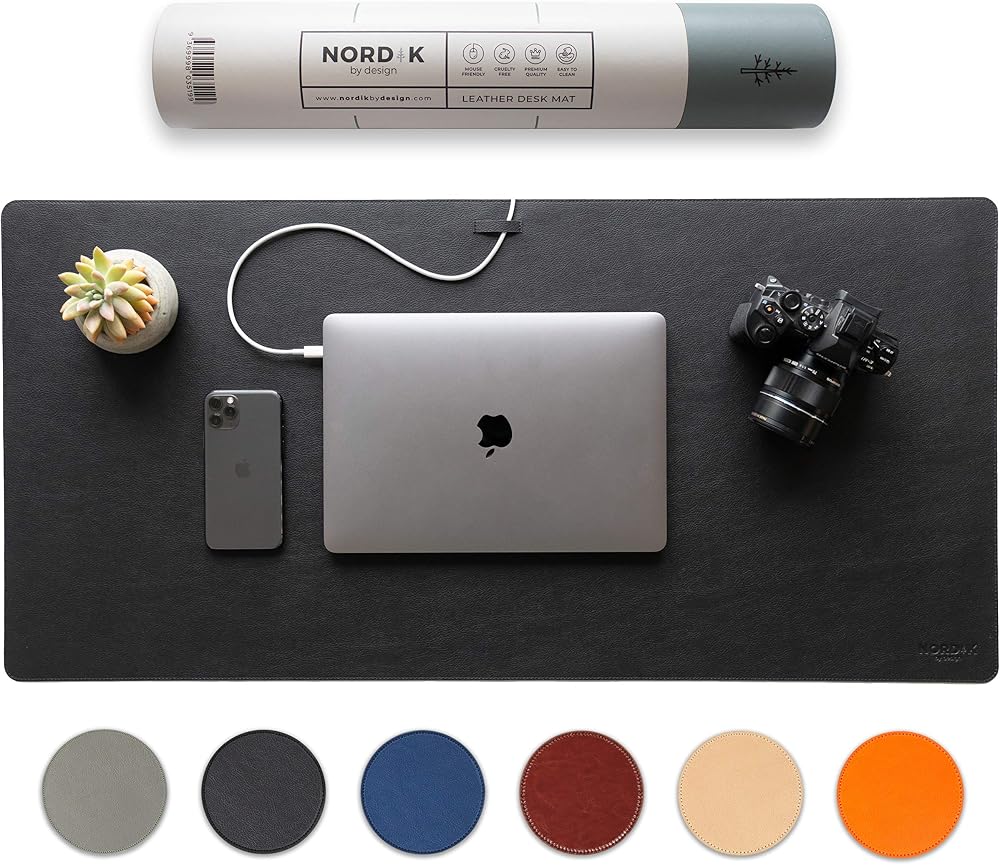 Nordik By Design Leather Desk Mat Cable Organizer Pebble Black 89x43cm