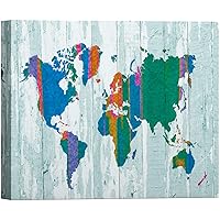 SIGNWIN Canvas Wall Art Blue, Green-Orange World Atlas on Bue Vertical Wood Panel Architecture & Maps Country Digital Art Modern Art for Living Room, Bedroom, Office - 12x18 inches