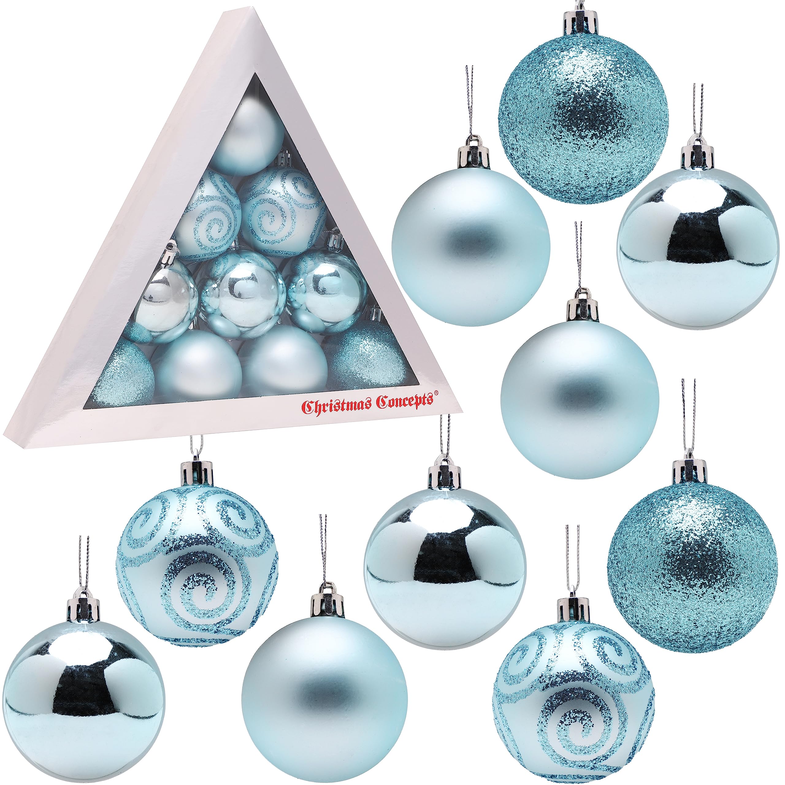 Christmas Concepts® Pack of 10-60mm (2.4") Christmas Tree Baubles - Shiny, Matte & Glitter Decorated Baubles (Ice Blue)