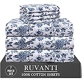RUVANTI 7 Pcs Cotton Sheets - 100% Natural Cotton Soft, Lightweight & Breathable Crispy Percale Bed Sheets, Split King Sheets for Adjustable Bed 16" Deep Pockets, Wild Flower