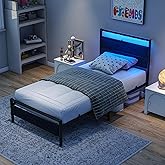 BOFENG Twin Bed Frame with Wood Headboard and USB Charging Station/LED Lights,Metal Single Platform Bed Frame Twin Size No Box Spring Needed,Heavy Duty Metal Slats Support,Noise Free,Black