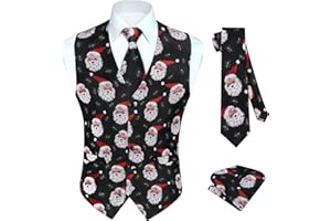 HISDERN Men's Suit Vest Christmas Holiday Season Party Jacquard Waistcoats Necktie Pocket Square Vest Suit Set