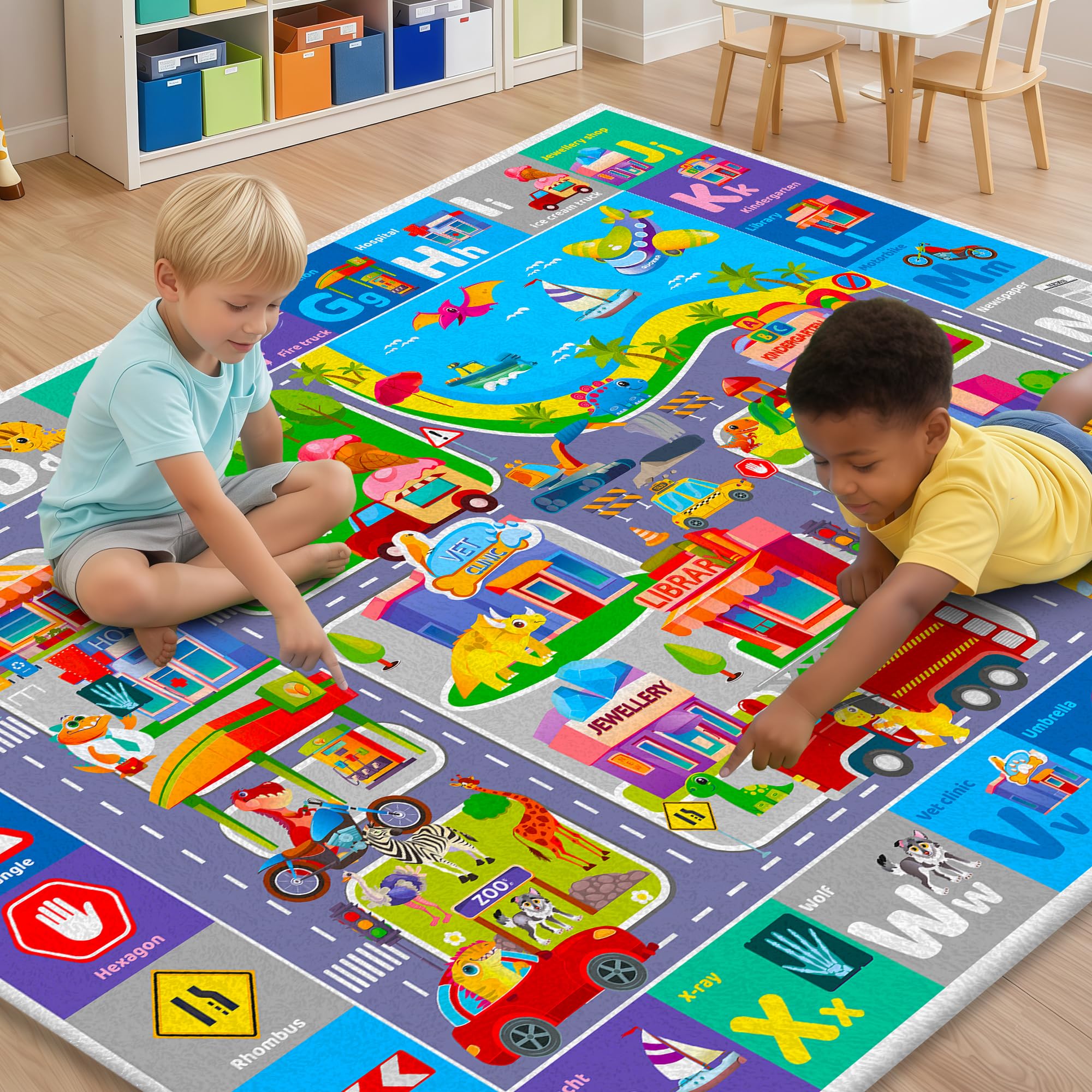 QUOKKA Floor Large Nursery Rug for Babies - Super Soft ABC Rug for Kids Toddlers & Infants - Extra Thick (0.3in) Large Padded Non-Slip Car Nursery Rug with City - Foldable Rug for Playroom Image