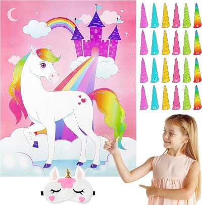 JOYIN Pin the Horn on the Unicorn Game Poster 28x21 with 24 Horns Blindfold