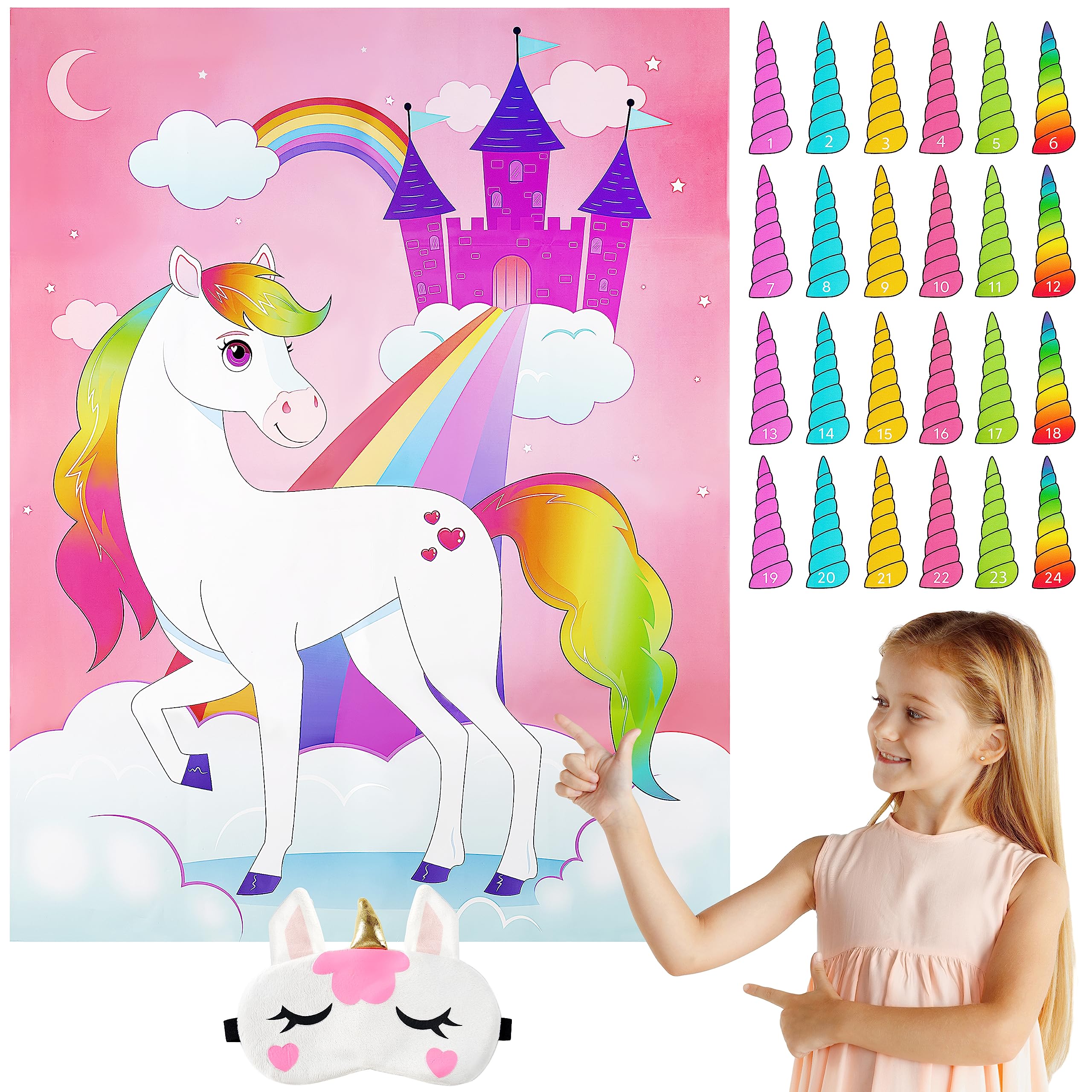 JOYIN Pin The Horn on The Unicorn Party Game with a 28" x 21"(71x53 cm) Poster, 24 Horns, 1 Eye Mask for Unicorn Party Favors Kids Birthday Party Supplies & Decorations