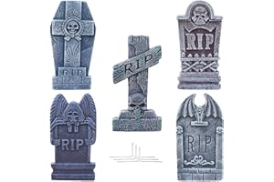 VEALIZUU 5 Pack Halloween Foam RIP Graveyard Tombstones, Halloween Gravestone Decorations for Lawn Yard Patio Halloween Party(16 inch)