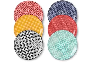 DOWAN 10" Large Dinner, Salad Plates Set of 6, Porcelain Ceramic, Microwave, Oven & Dishwasher Safe, Colorful Design Perfect 