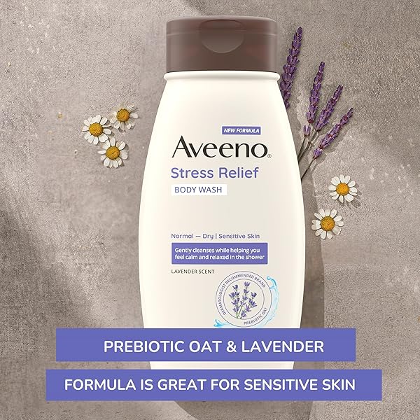 AVEENO STRESS RELIEF BODY WASH WITH NOURISHING OAT & LAVENDER SCENT FOR SENSITIVE SKIN, GENTLY CLEANSES & HELPS YOU FEEL CALM & RELAXED IN THE SHOWER, SOAP-FREE, 18 FL. OZ
