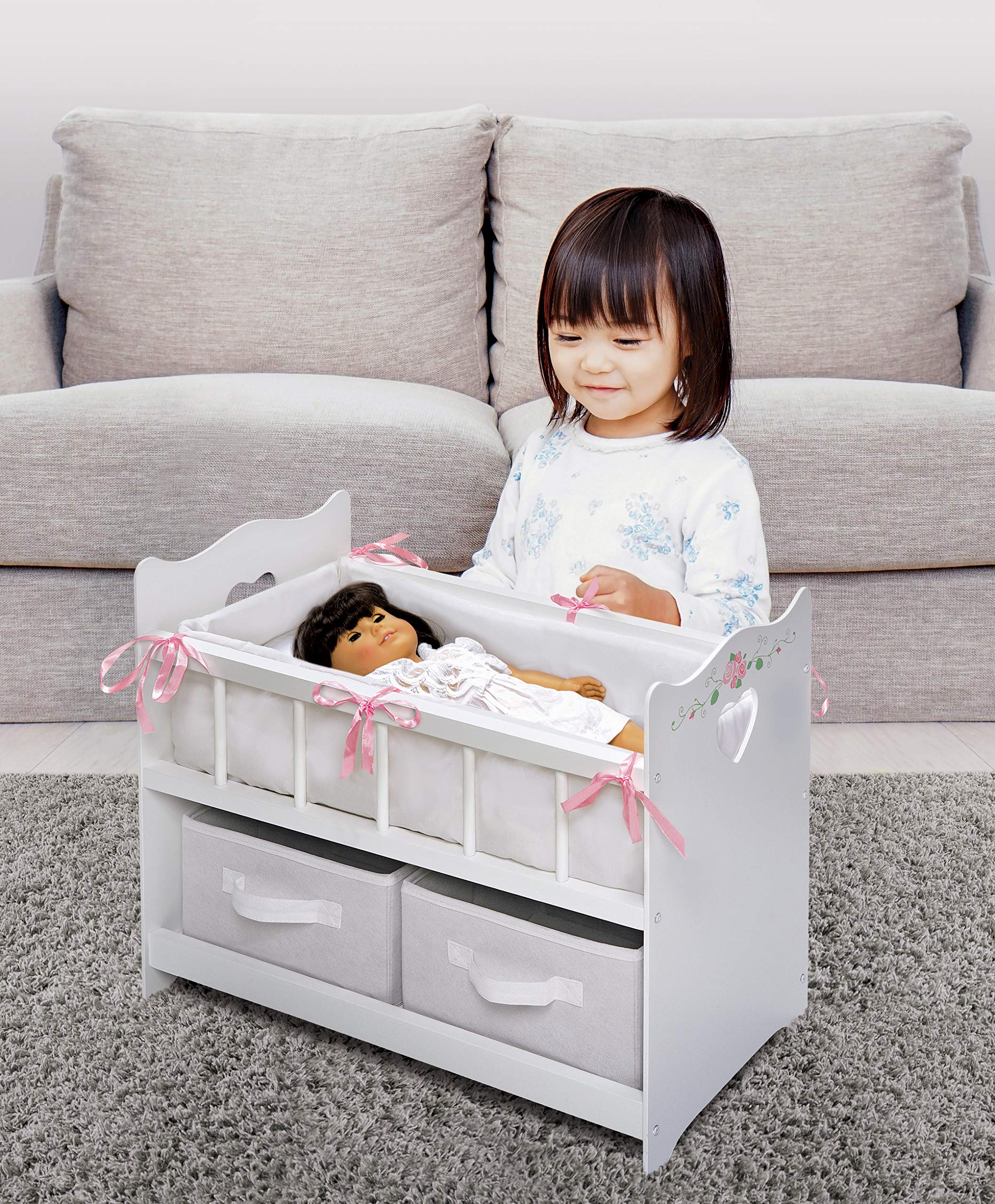 Badger Basket Wooden Doll Bed with Bed Liner, Pillows and Two Storage Baskets - Fits 18