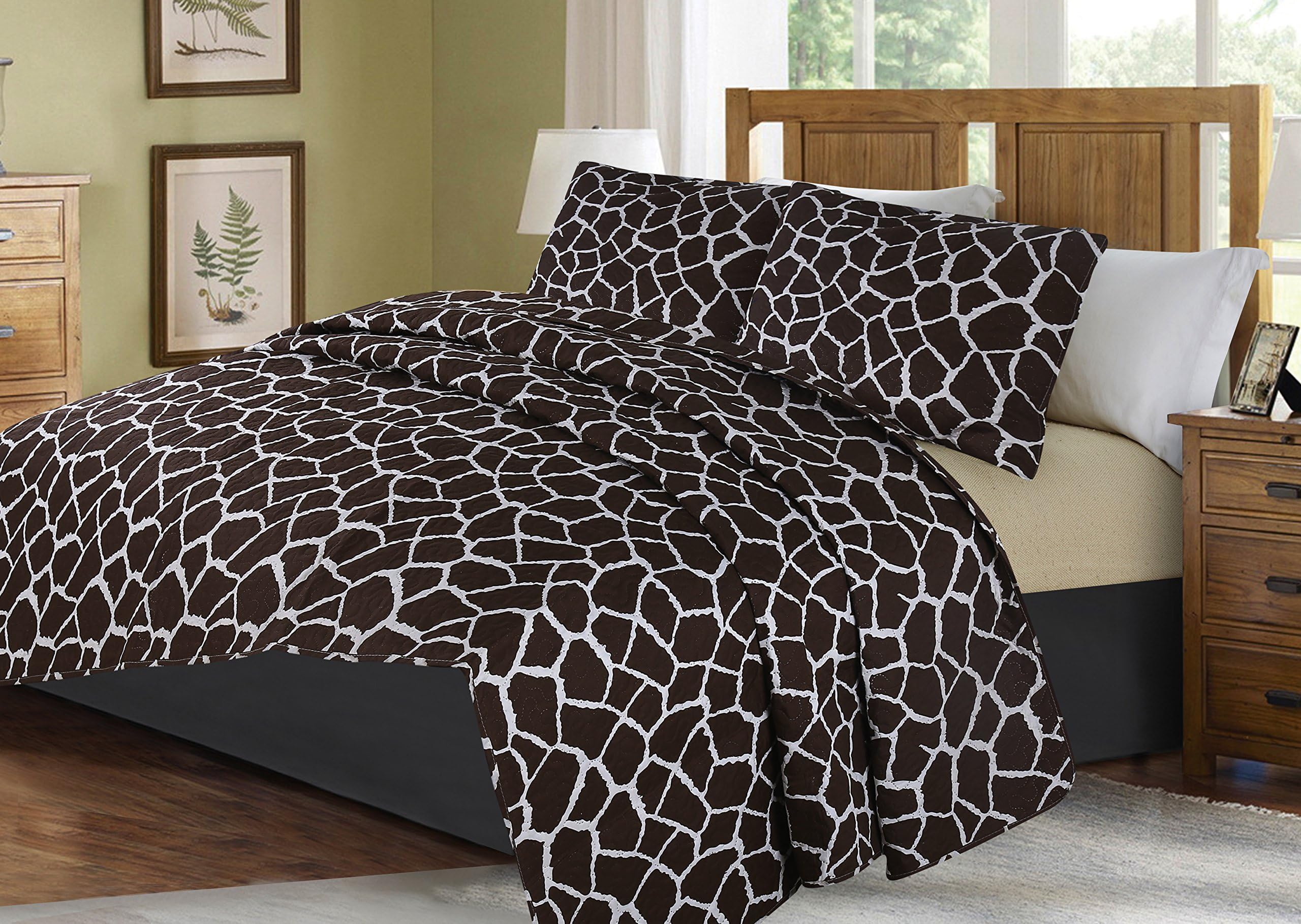 GorgeousHome 2/3PC Animal Jungle Printed Quilt Bedspread Bed Dressing Bedding Cover Set with Pillow Shams in 3 Sizes AssortedStyles (#4 Brown Giraffe, Queen)