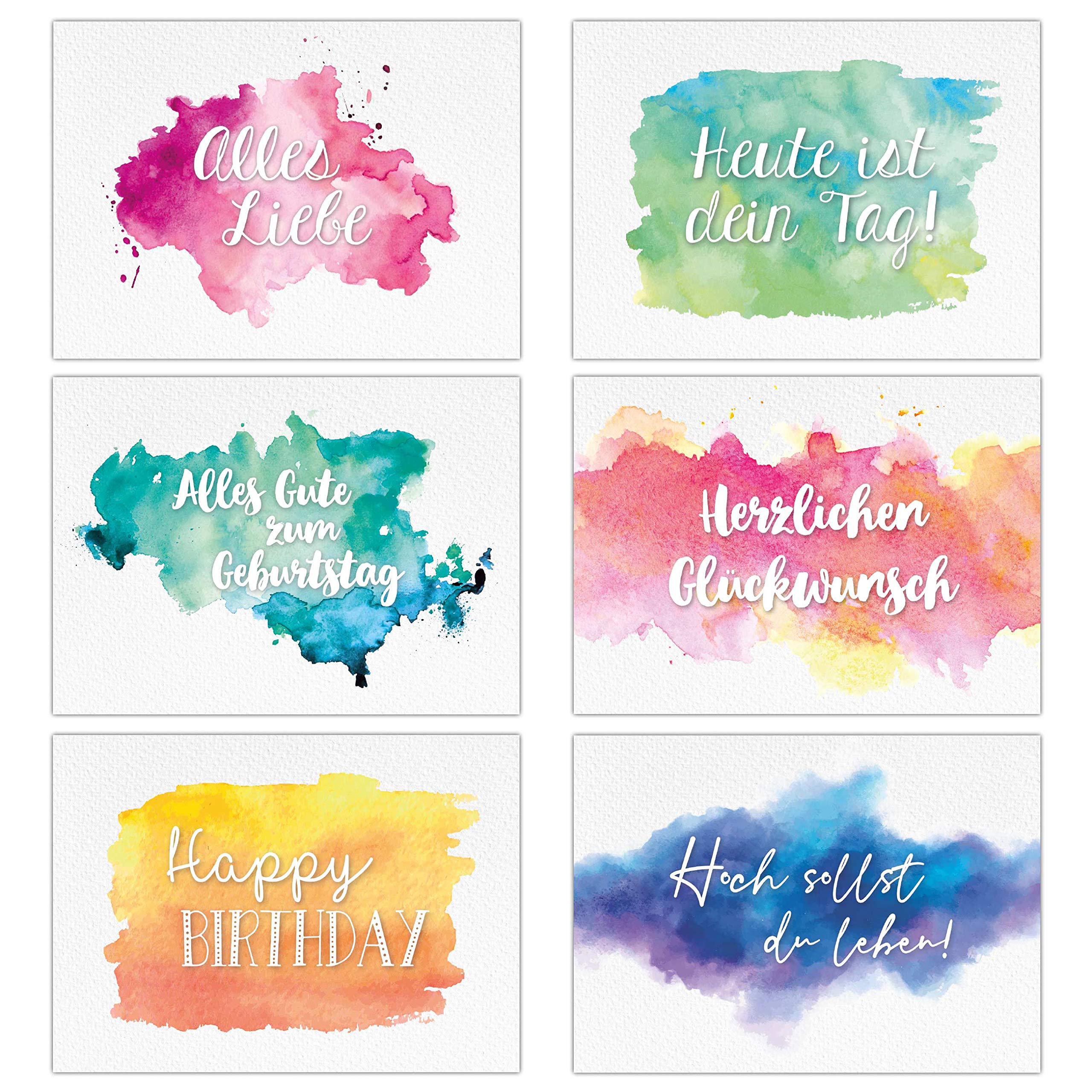 12 birthday greeting cards - birthday card - greeting card in watercolour style for children and adults - 12 postcards in cheerful colours Watercolour
