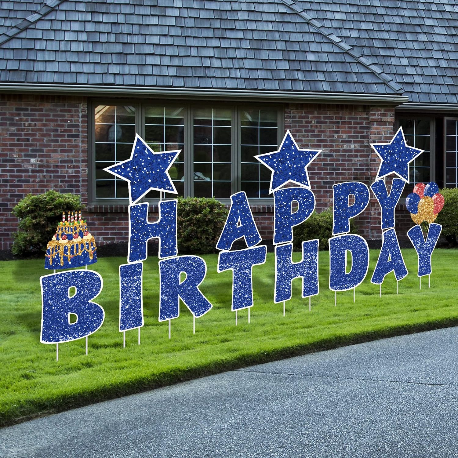 Yard Signs - 18 Pieces Happy Birthday Yard Signs with Stakes, Birthday Outdoor Lawn Signs, Birthday Cake Balloon Lawn Decorations, Glitter Birthday Party Lawn Decorations for Birthday Party (Blue)