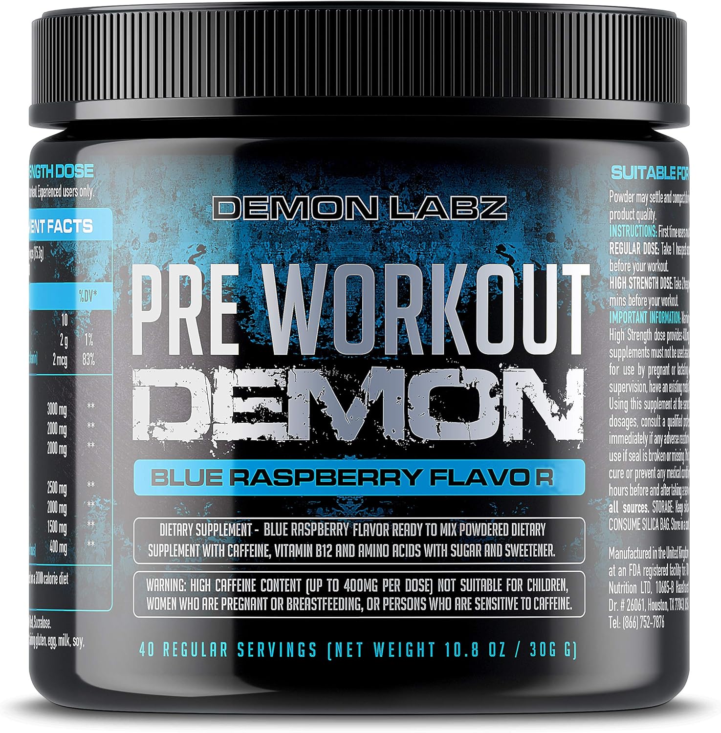 Pre Workout Demon (Blue Raspberry Flavour) - Hardcore Pre-Workout Supplement with Creatine, Caffeine, Beta-Alanine and Glutamine, 40 Servings: Health & Personal Care