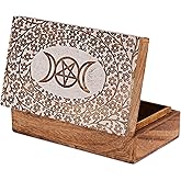 Ajuny Wooden Jewelry Box Handmade Star & Moon Carving White Brown Decorative Storage Chest Keepsake Memory Trinket Holder Multipurpose Organizer Gift for Women & Men 8x5 Inch
