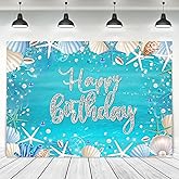 Ufeela Ocean Birthday Backdrop Summer Underwater Sea Happy Birthday Banner Blue Starfish Seashell Mermaid Diamonds Pearl 7Wx5H Feet Fabric Polyester Photography Background Photo Shoot Decor Props