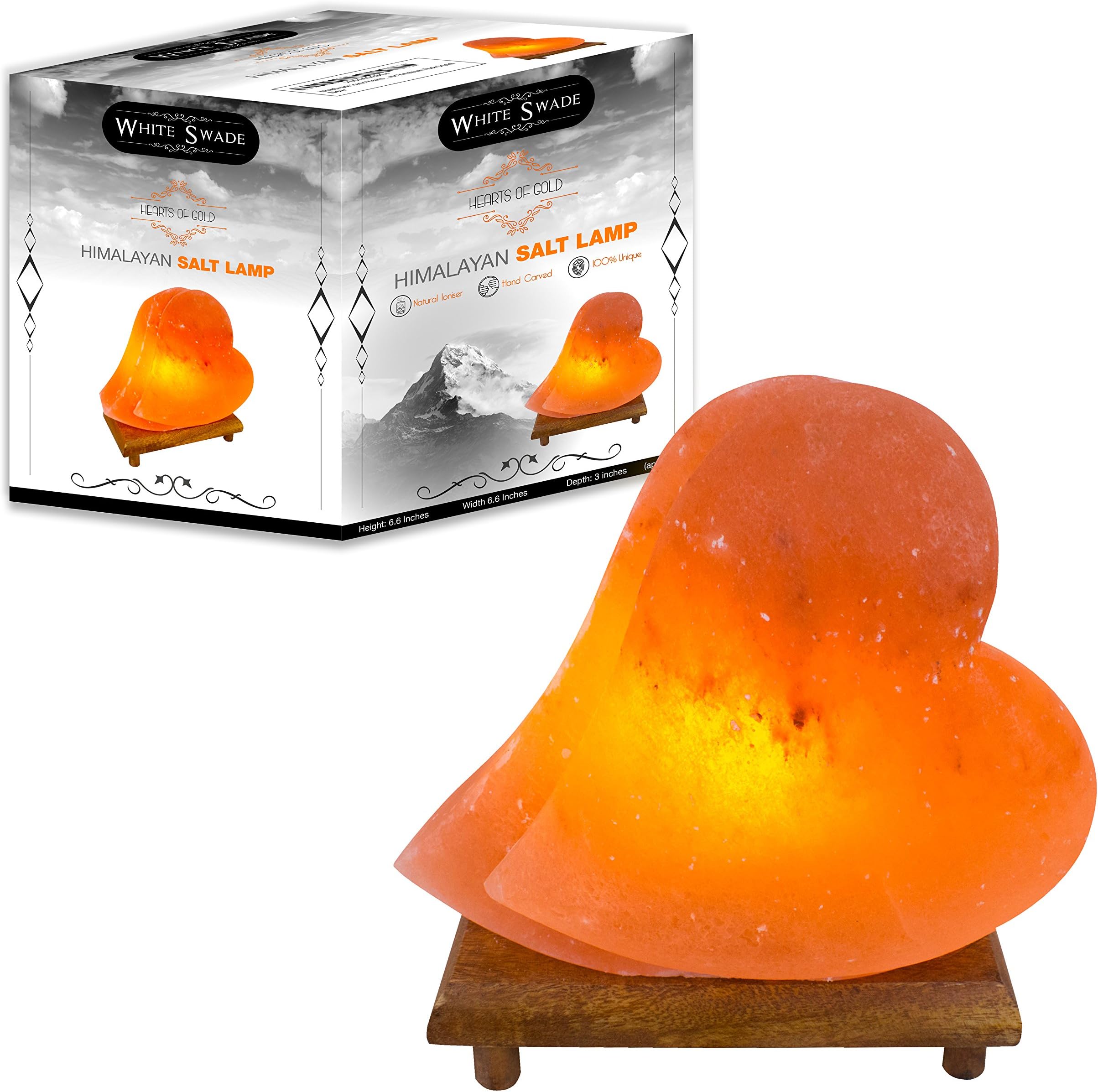 WhiteSwade Iconic 'Hearts of Gold' Himalayan Salt Lamp with Neem Wood Base, 6ft UL-Approved Dimmer Switch Cord and 15W Bulb. Authentic Himalayan Rock Crystal.Perfect gift Idea, Popular Feng Shui Decor