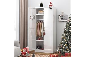 SteeLoong Metal Wardrobe Cabinet with Hanging Rod, 71" Tall Armoire Wardrobe Closet with 2 Doors and Adjustable Shelves, White Clothing Storage Cabinets for Bedroom, Laundry Room, Cloak Room