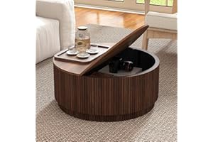 LEVNARY 31.5" Round Coffee Table with Storage, Mid Century Modern Coffee Tables with Fluted Base, Wooden Circle Accent Center Table for Living Room Small Space Apartment Office (Walnut)