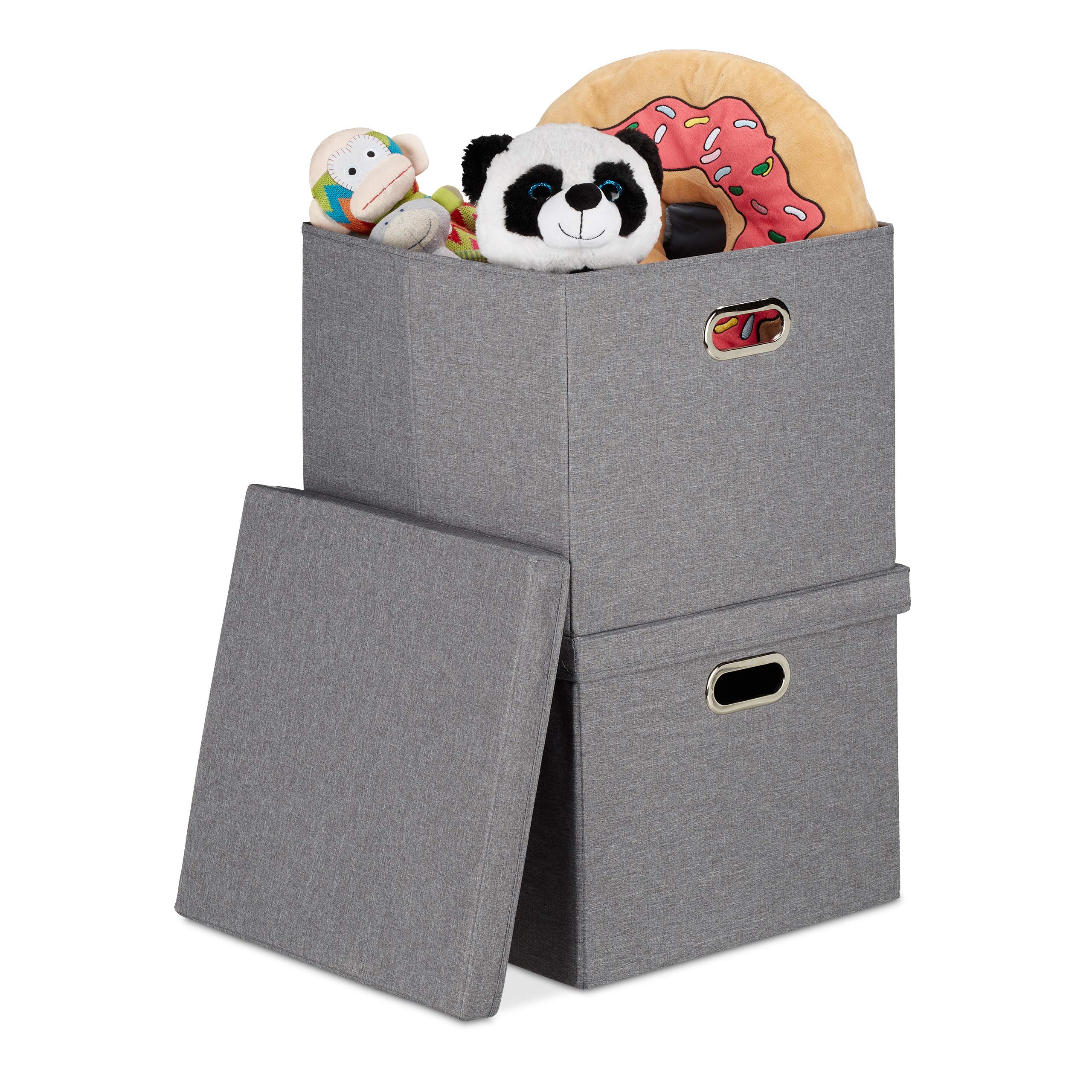 Relaxdays, Set of 2, Foldable Storage Basket, with Lid, 51 L each, Square Organiser Box, 34x43x43 cm, Grey, Cotton, 34 x 43 x 43 cm