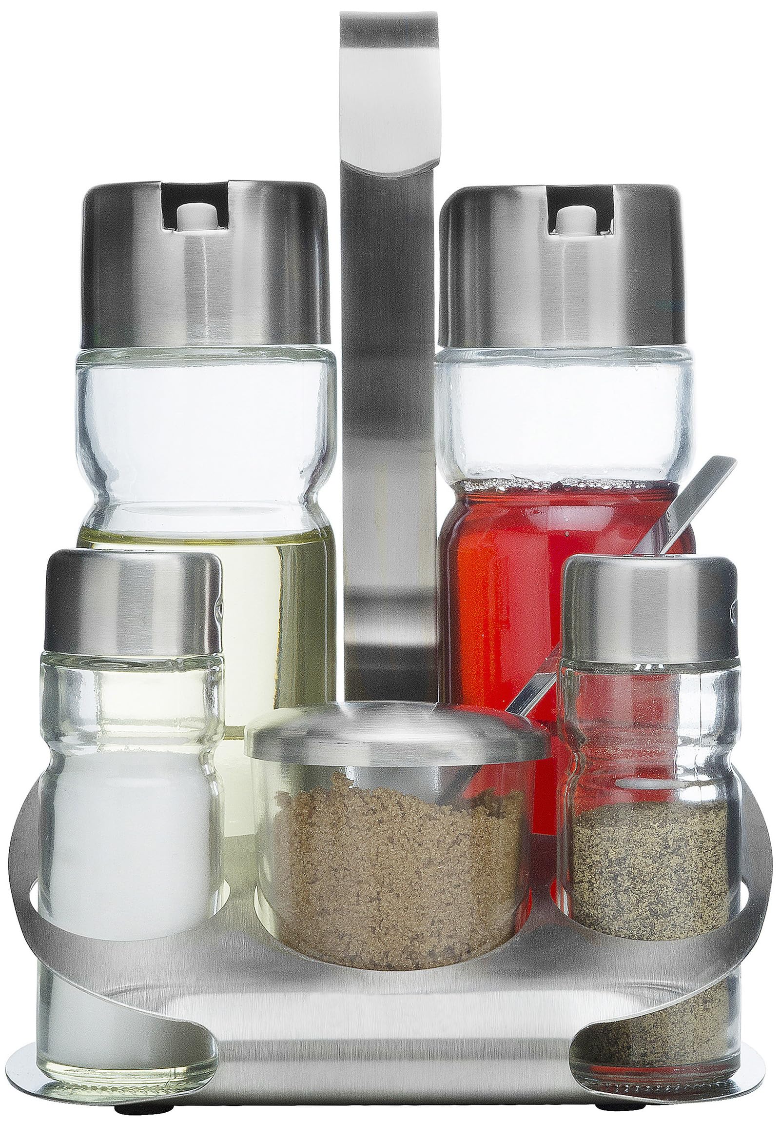 Oil and Vinegar Salt & Pepper Cruet Set (6 Piece) Durable Glass Stainless Steel Bottle Set With Caddy