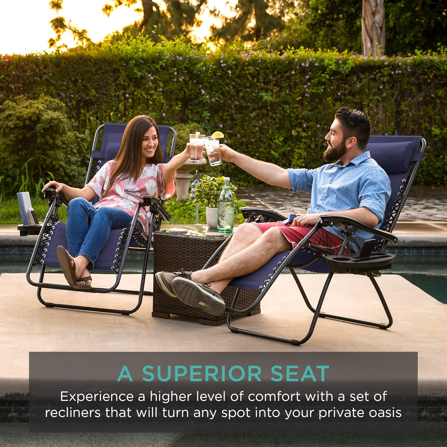 Best Choice Products Set of 2 Adjustable Steel Mesh Zero Gravity Lounge Chair Recliners w/Pillows and Cup Holder Trays, Blue : Garden & Outdoor