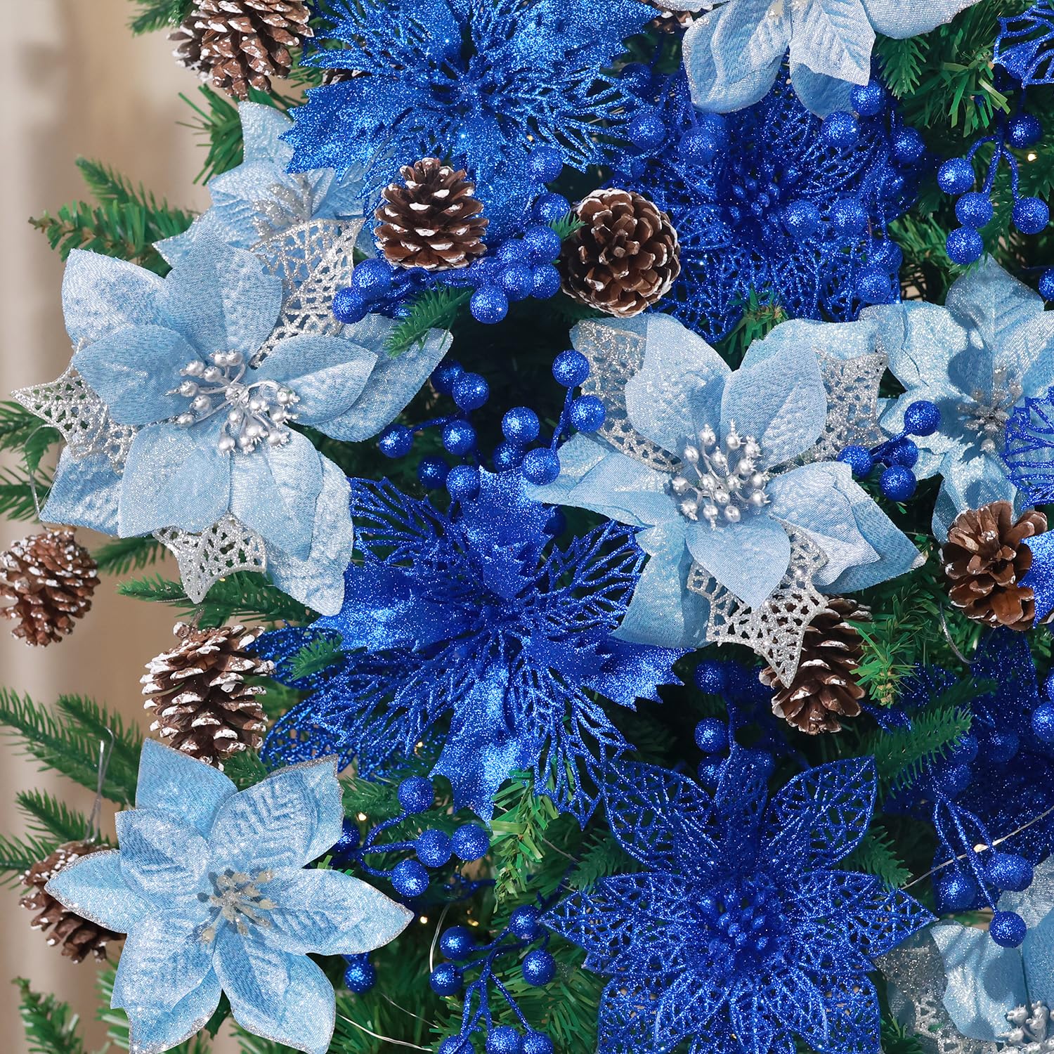Photo 1 of Hommtina 56 Pcs Christmas Decorations, 4 Styles Poinsettias Artificial Christmas Flowers Glitter Berries Stems Ornaments Tree with Pine Cones & Stems for Xmas Wedding DIY Wreath Floral Party (Blue)
