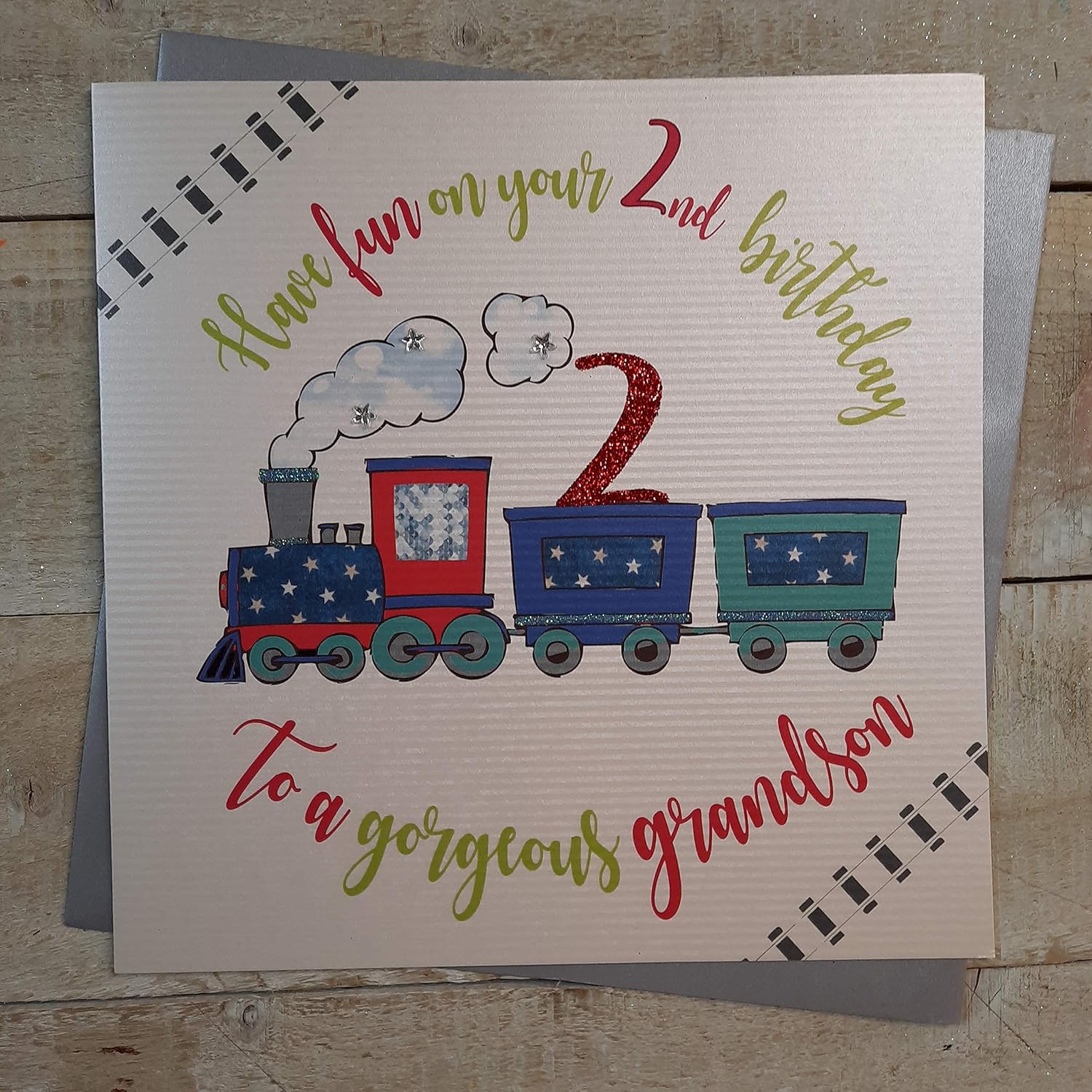 white cotton cards XR41-2gs Large"Have Fun on Your 2nd Birthday to a Gorgeous Grandson" Handmade Card,22cm x 22cm