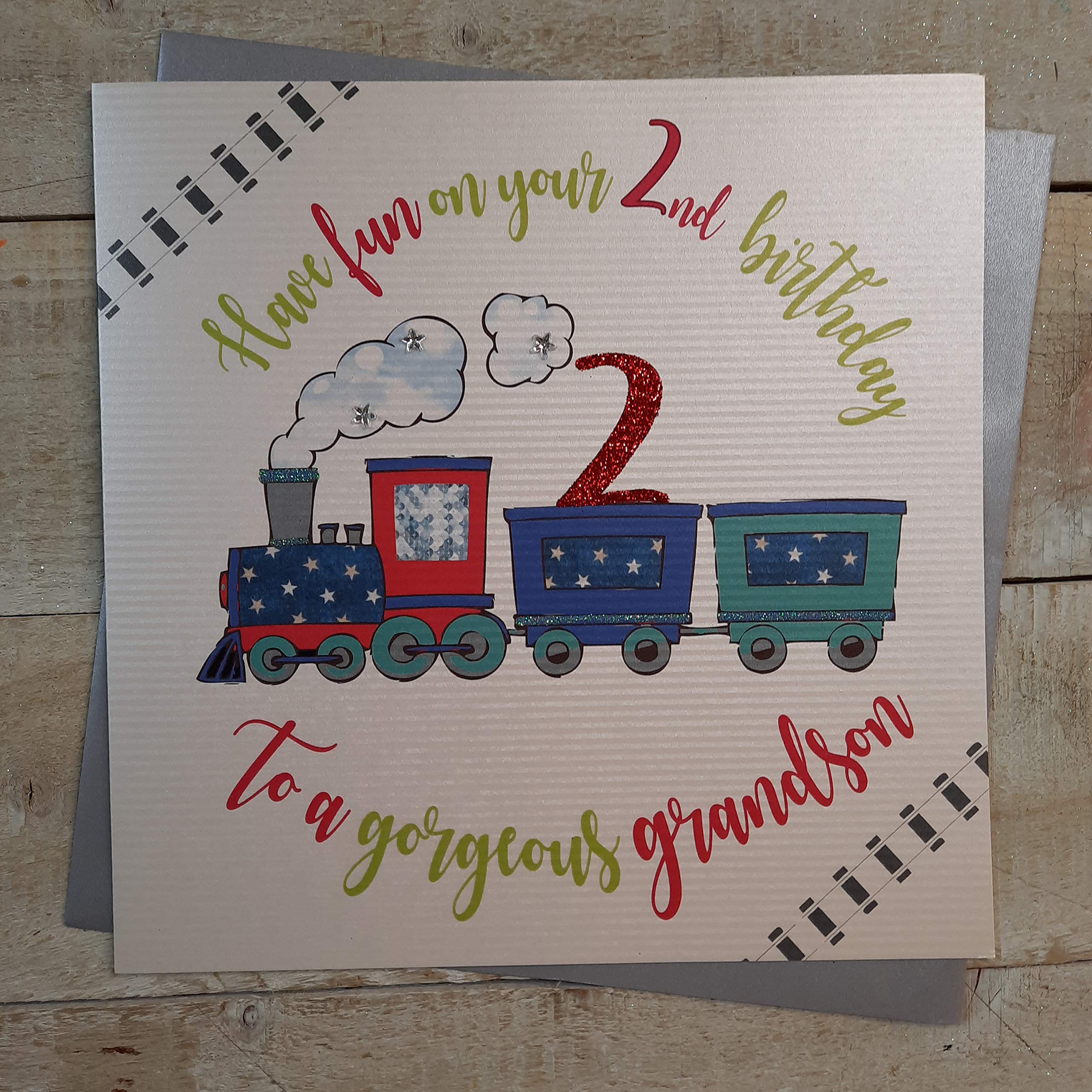 white cotton cards XR41-2gs Large"Have Fun on Your 2nd Birthday to a Gorgeous Grandson" Handmade Card,22cm x 22cm