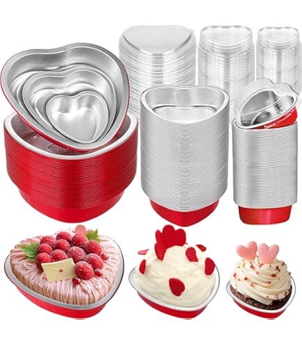 Yinkin 25 Pcs 22 Oz Heart Shaped Cake Pans Aluminum Foil Cupcake Cup Lids Spoons Disposable Tins Baking Pan Mini Valentine Wedding Birthday Party Red