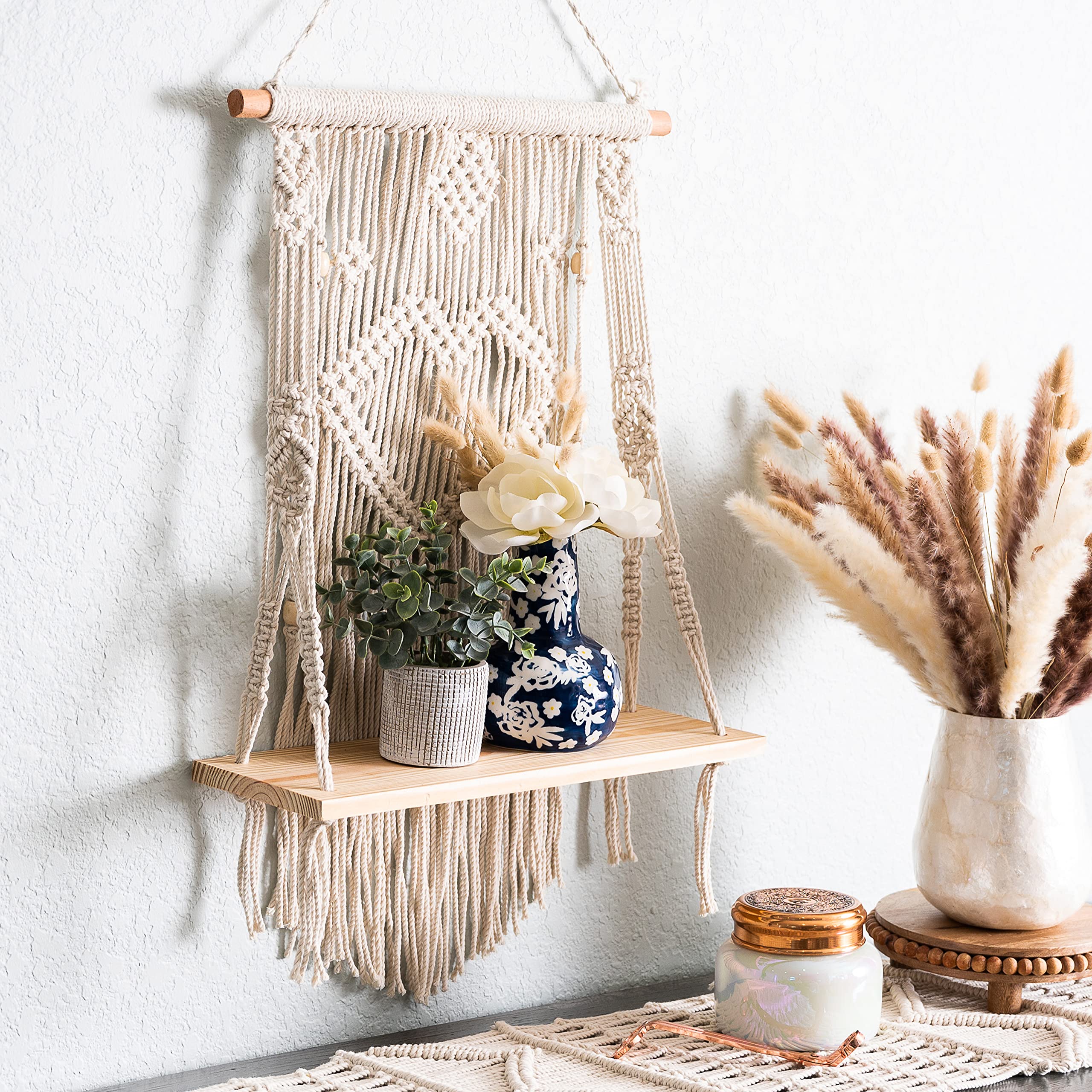 SnugLife Macrame Wall Hanging Shelf - Tier Wall Shelves with Handmade ...
