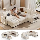 Vipbear 111" Modular Sectional Sleeper Sofa with Pull Out Bed, 7 Seat Chenille L Shaped Couch with Storage Ottoman|USB Ports|Cup Holders|Side Table|LED Light, Tool Free Assembly, Beige