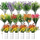RMERVE 36 Bundles Artificial Plants Flowers Outdoor Spring Decoration Faux Flowers for Outdoor Planters Fake Wildflowers Faux Flowers Bulk for Hanging Planter Home Wedding Spring Summer Decor