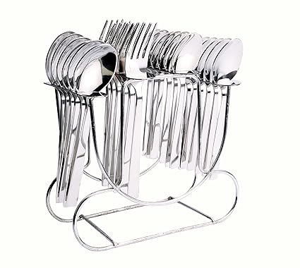 Shapes Rainbow Cutlery Stainless Steel Spoons and Fork Set with Round stand, Silver(Pack of 24)