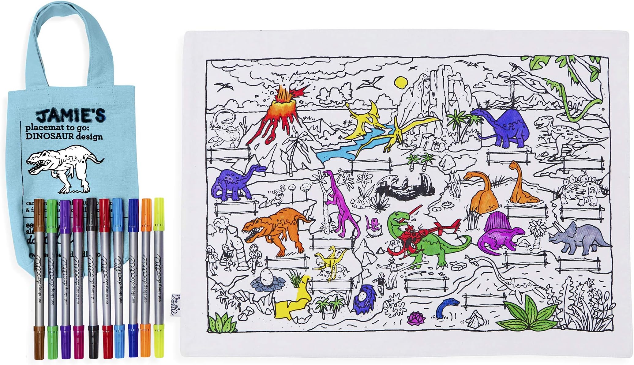 eatsleepdoodle Dinosaur Placemat in Its Own Cotton Carry Bag to Colour In, Fun Educational Dinosaur Adventure Scene to Personalize, Washable Felt Tip Fabric Pens Included