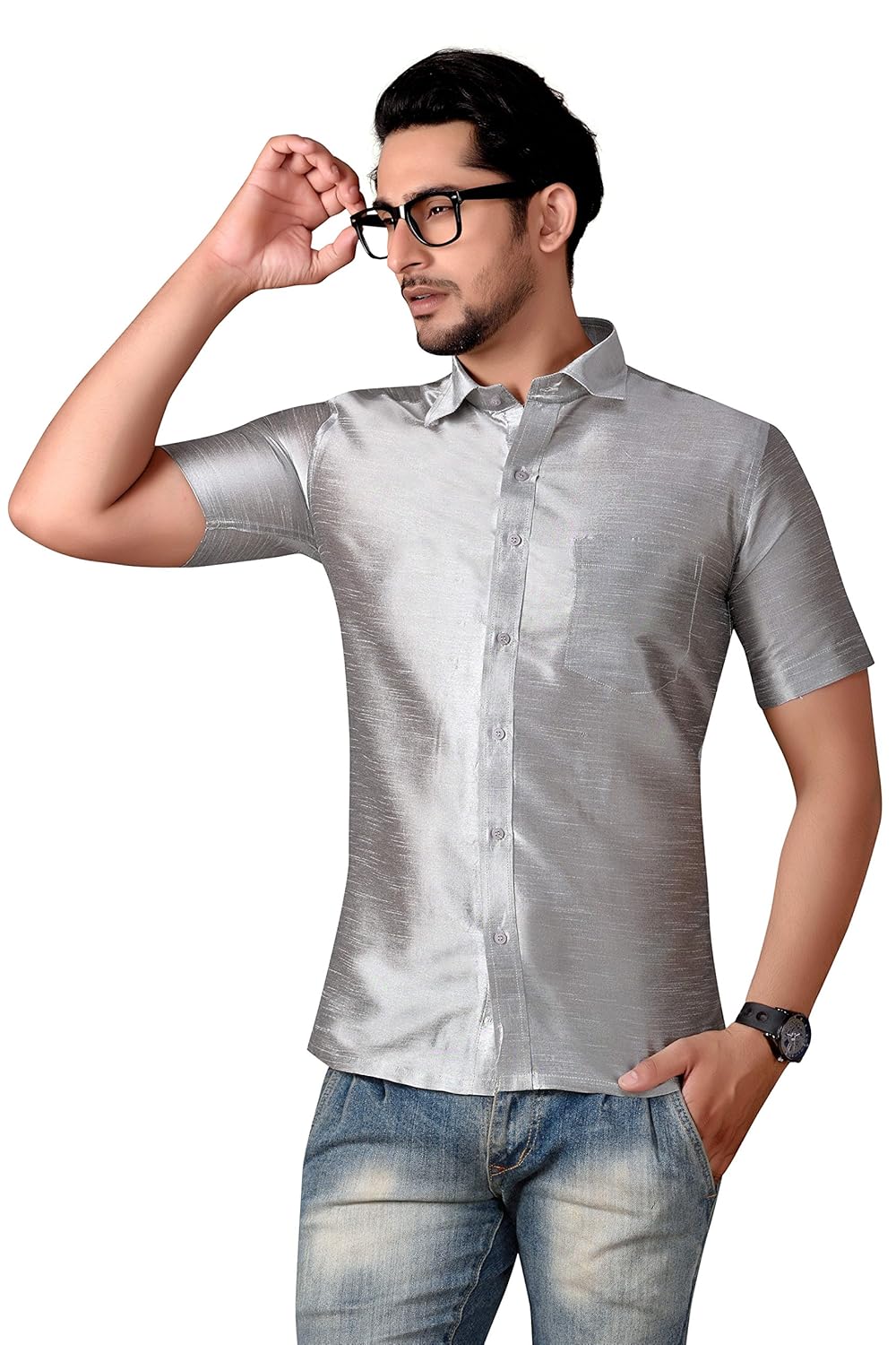 studio shringaar poly raw silk steel grey mens short sleeve party shirt