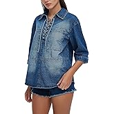 Womens Denim Shirt Casual Short Sleeve Oversized Lace-Up Jean Shirt Top