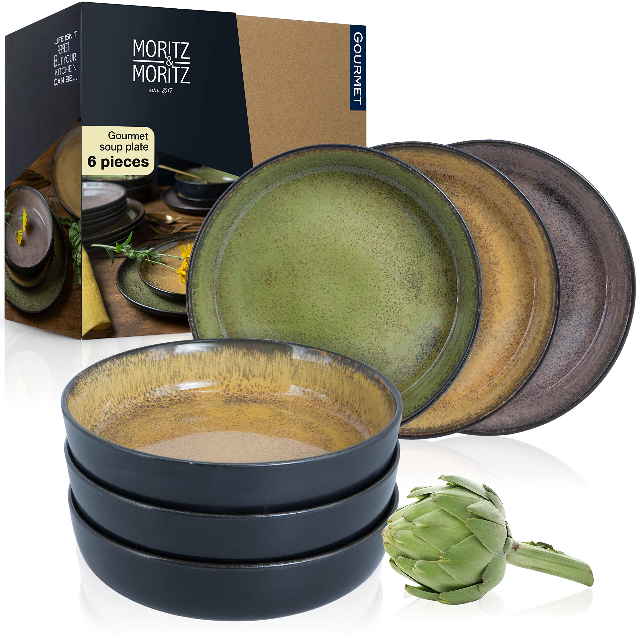 Moritz & Moritz VIDA Soup Plate Set of 6 Vintage - 700ml | 24oz Bowls for 6 - Porcelain Soup Bowls - Microwave & Dishwasher Safe, Stylish & Durable, Ideal for Soups, Noodles & More