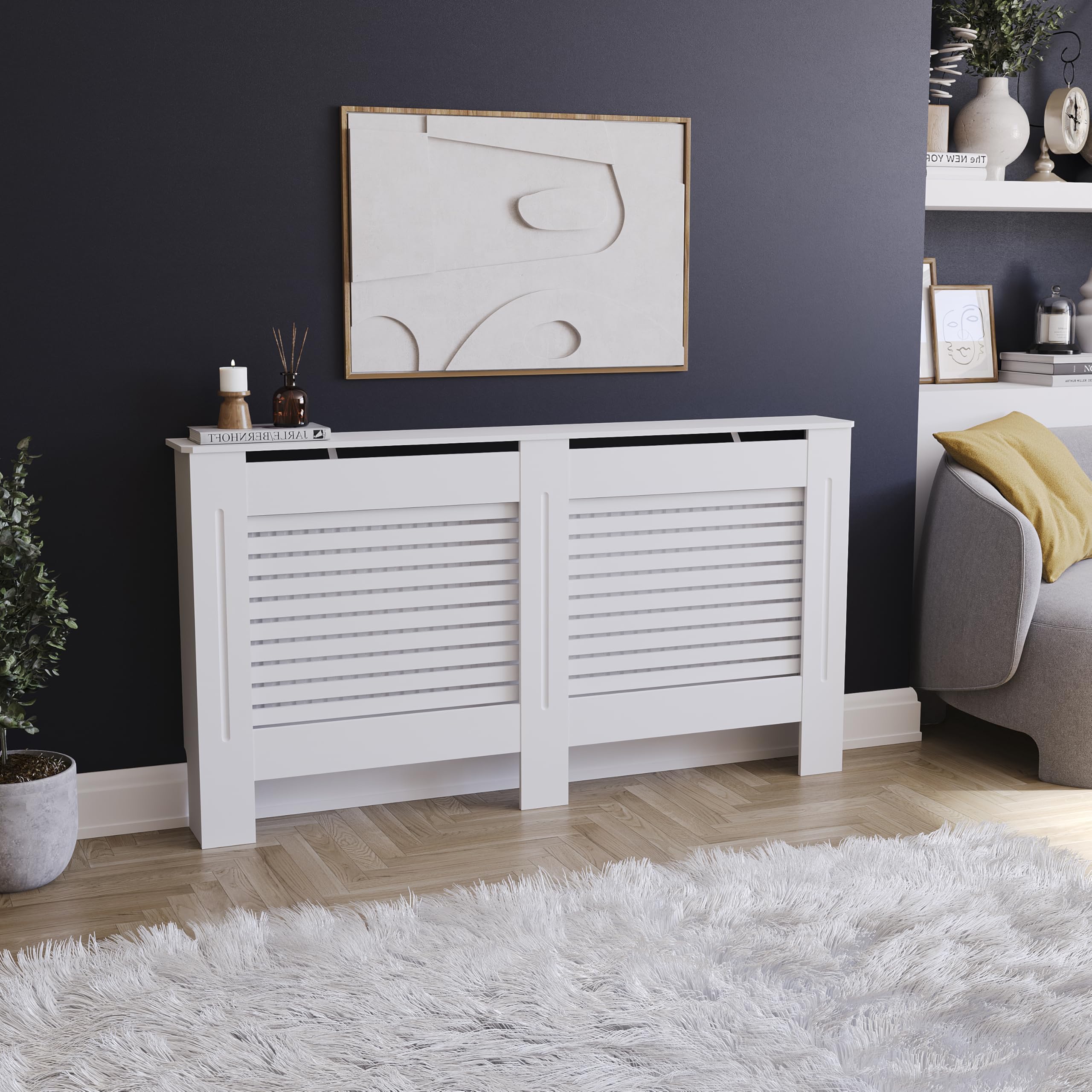 Vida Designs Milton Radiator Cover White - Large - Modern Horizontal Slat Design For Optimal Heat Circulation - H82xW152xD19cm - Painted MDF Cabinet Ideal For Living Room & Hallway