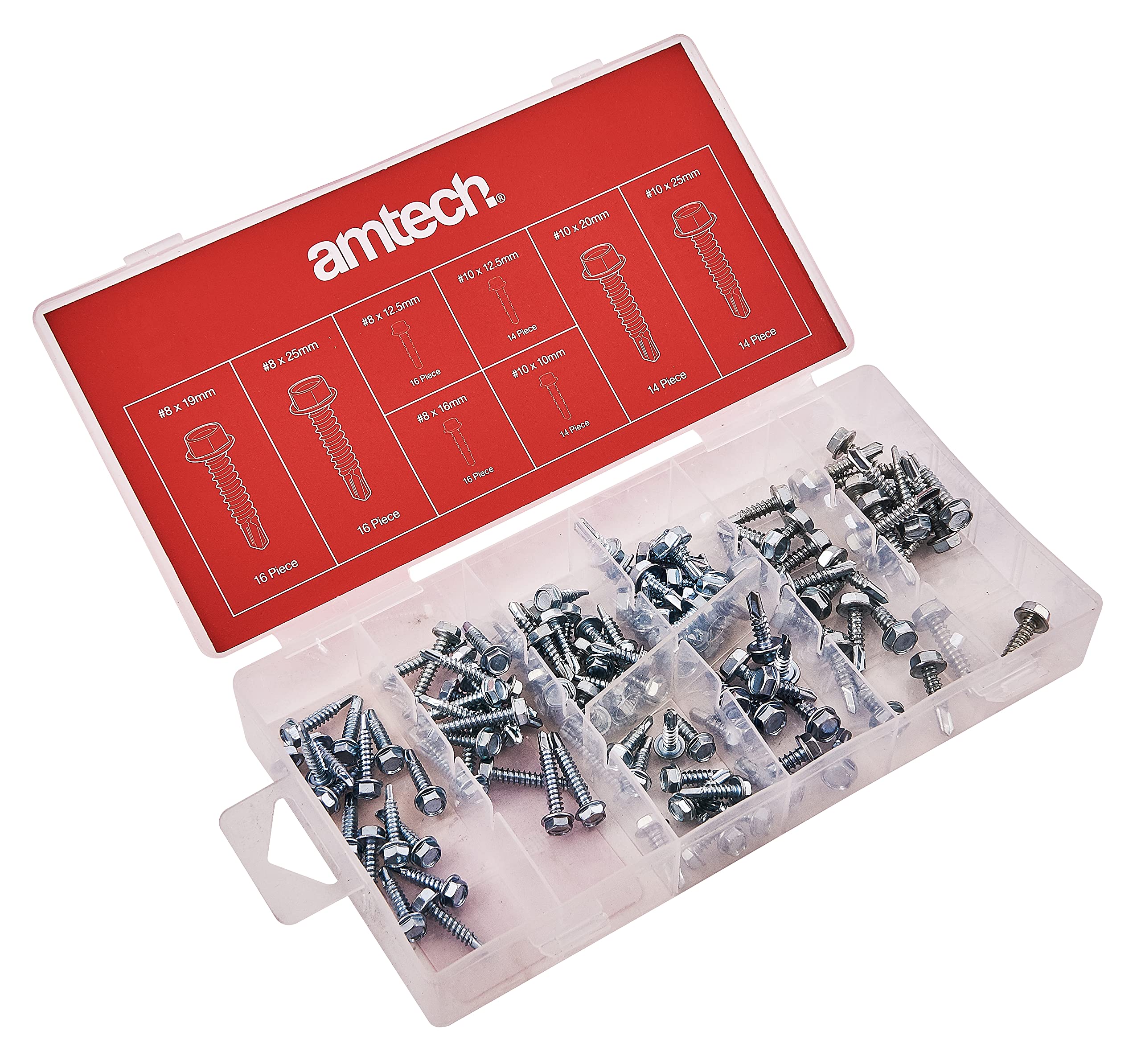 Amtech S6295 Self Drilling Screws, Carbon Steel Tek Screws Available With Storage Case,120-Piece
