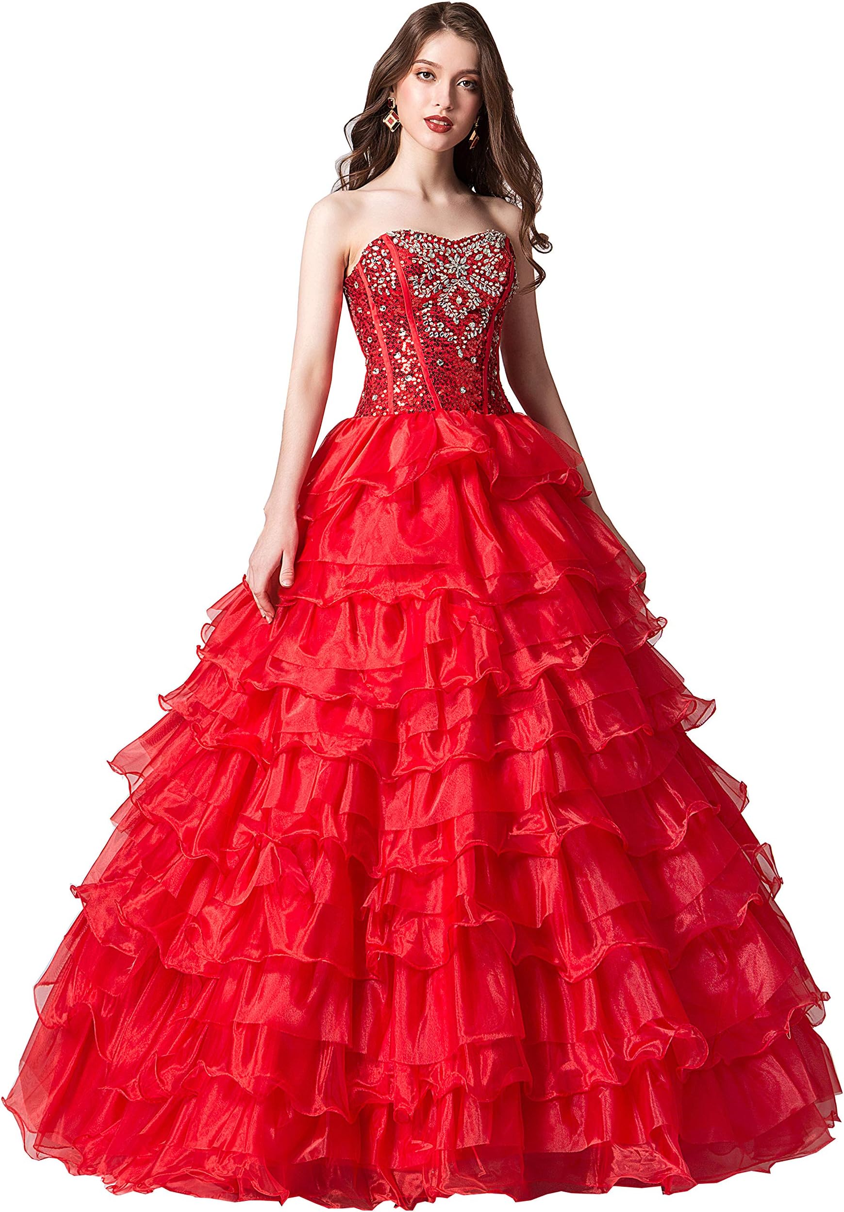 Ikerenwedding Women's Crystal Beaded Ball Gown Organza Ruffles Quinceanera Dress