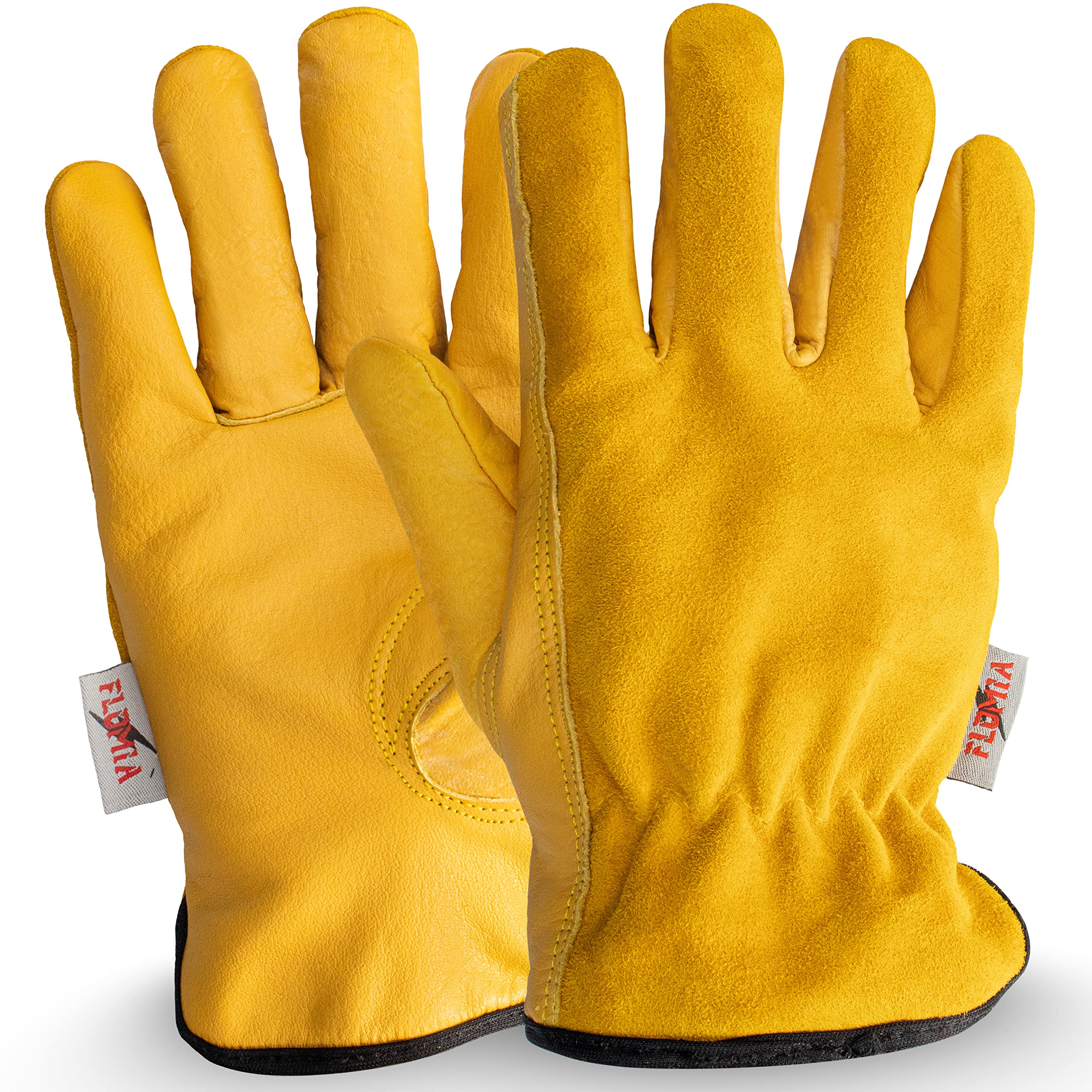 FLOMIA Heavy-Duty Work & Gardening Gloves | One Size | For Men & Women | Thorn-Proof | Reinforced Fingertips | Cowhide & Cow Split Leather | Fleece Lining | Avoid Yellow Stains (Pack of 1)